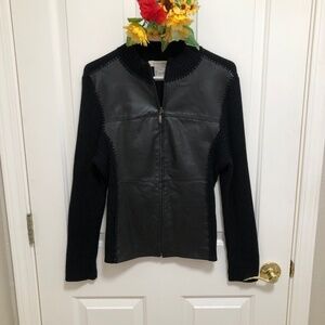 NWOT - Black Leather & Rib Knit Zip Front Jacket